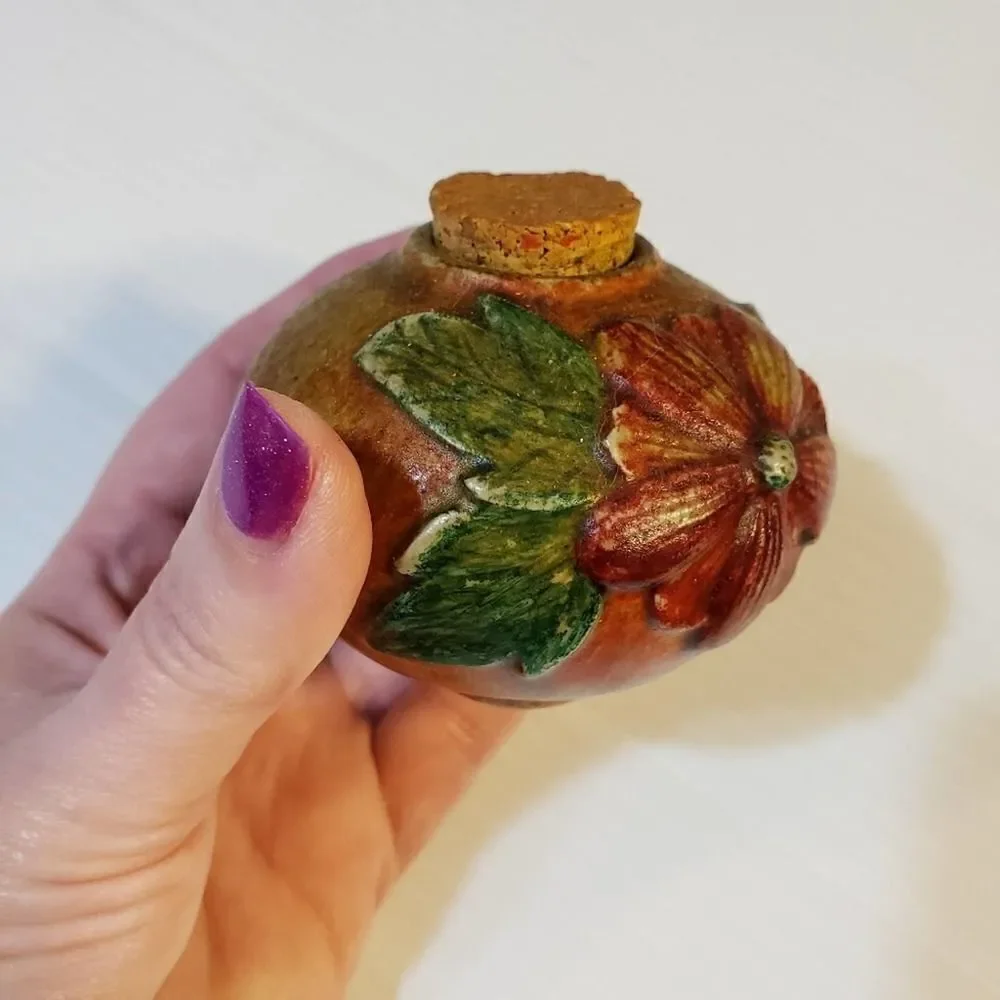 Vintage Handpainted Pottery cork lid Stash Jar Pot